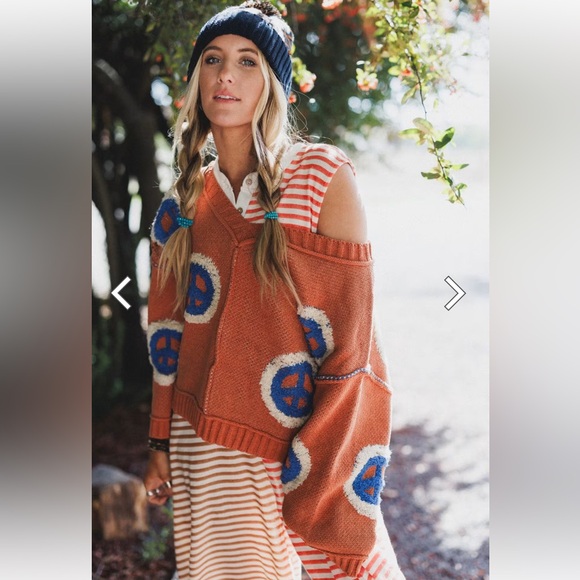 POL Orange Sweater Blue & White Peace Symbols S NEW Peaceful Vibes 3 Bird Nest - Picture 3 of 13